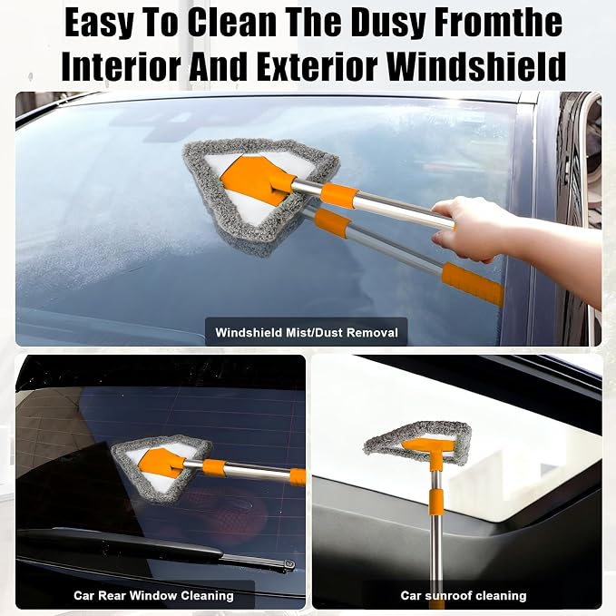 Windshield Cleaner Tool, Car Window Squeegee with 4 Reusable Microfiber Pads, 13"-16.7" Telescopic Extendable Handle, 180° Rotating Glass Cleaner for Auto Interior, Shower Glass, Household Windows