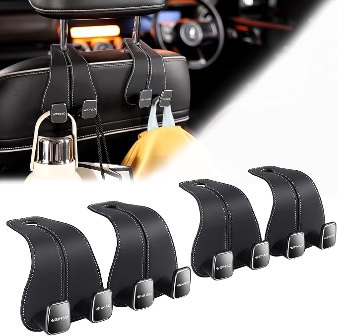 Wide Purse Hook for Car, Twin Hook Leather Car Headrest Hangers, Car Seat Back Storage Hook, Headrest Hooks Purse Bag Holder for Car Universal Fit Sedan Trucks SUVs Most Vehicles (Black-4PCS)