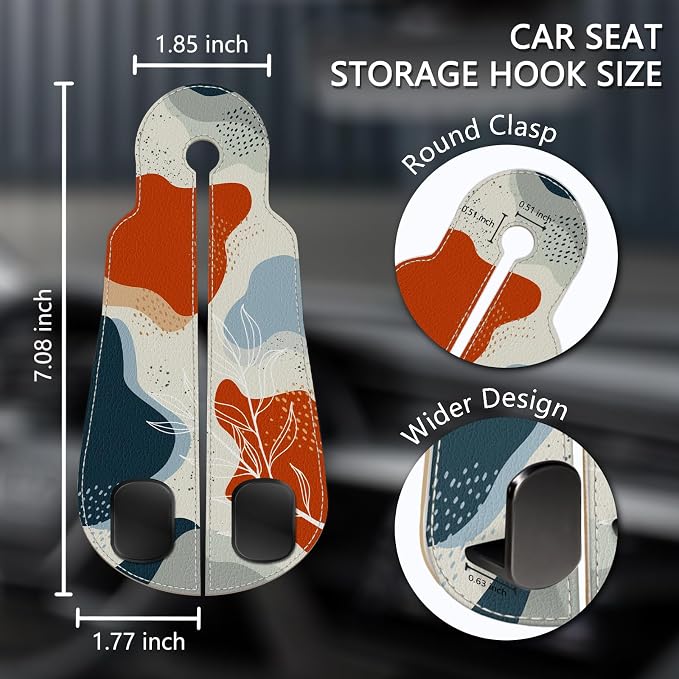 2PCS Car Seat Back Storage Headrest Hooks, Abstract Leaves Purse Holder Bags Hanger, PU Leather Double Metal Hook for Backseat Organizer, Women Car Accessories Organization