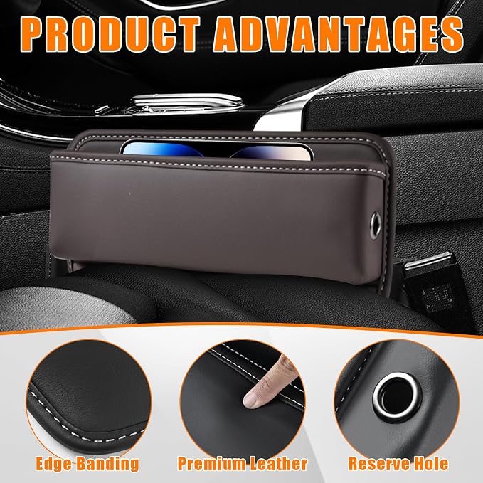 Car Seat Gap Organizer, Premium Leather Auto Seat Storage Box, Vehicle Adjustable Front Seat Gap Filler, Car Seat Side Pocket Organizer for Phones, Glasses, Keys, Money, Cards (Coffee)