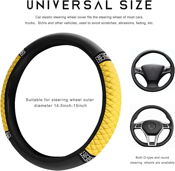 Bling Car Steering Wheel Cover, 15 Inch Sparkly Rhinestone Soft Leather Steering Wheel Protector, Non-Slip Universal Auto Elastic Steering Wheel Covers for Women Girls (Yellow)