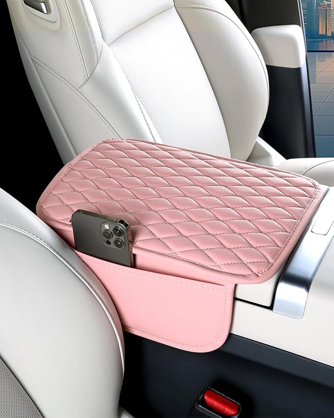[Upgraded] Car Center Console Cover with 2 Storage Bags - Premium Nappa Leather Armrest Cover, Scratch & Wear Resistant, Waterproof Car Interior Accessories (Pink)