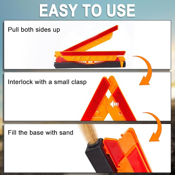 3PK DOT Warning Triangles with Empty Base & Storage Case | No pre-filled sand, fill sand yourself for stability, high visibility reflectors meet US FMVSS 571.125 safety specs