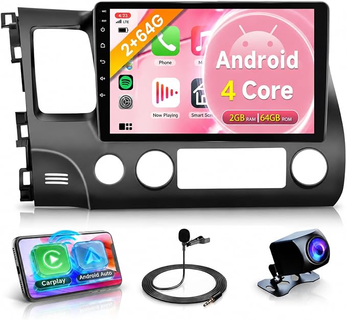 10.1 Inch Android 15 Car Stereo for Honda Civic 2006-2011, Wireless CarPlay & Android Auto, 5GHz WiFi GPS, Touchscreen, Bluetooth/FM/RDS SWC + AHD Backup Camera