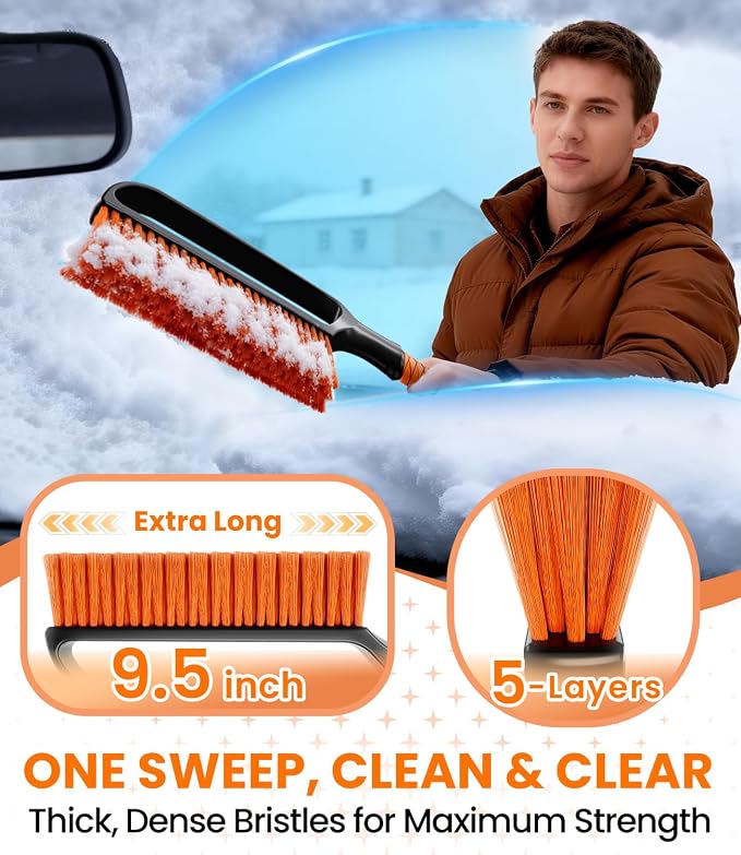 3-in-1 27" Snow Brush and Ice Scraper for Car Windshield [Wider Snow Brush, One-Wipe Clean] Snow Brush for Car with Ergonomic Foam Grip for All Cars,Truck,SUV, Winter Accessories