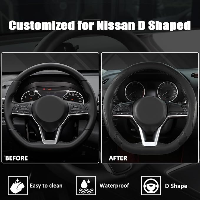 Flat Bottom Car Steering Wheel Cover for Nissan,D Shaped Steering Wheel Cover for Rogue,Altima,Kicks (Black-Standard Size)