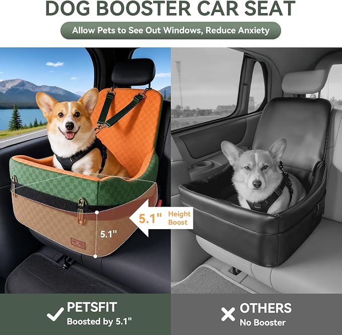 Dog Car Seat for Small/Medium Dogs Up to 35 lbs – Patented Safety System, 5" Memory Foam Pet Car Seat, Fully Detachable and Washable Cover, Front/Back Seat Travel Booster (Green & Orange)