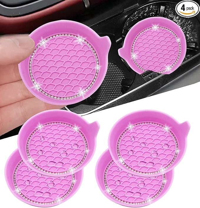 4PCS Bling Car Coasters, Non-Slip Insert Water Bottle Holder Pads, Bling Crystal Rhinestone Dustproof Automotive Interior Accessories, Universal for Vehicles, Trucks, RVs (4 pcs, Pink)
