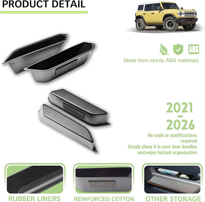 HGWEI Door Handle Storage Organizer Compatible with Ford Bronco 2021-2026 Interior Accessories, 4 Doors Side Handle Front And Rear Inserts Pocket Tray, Black (Not for 2 Door & Bronco Sport)
