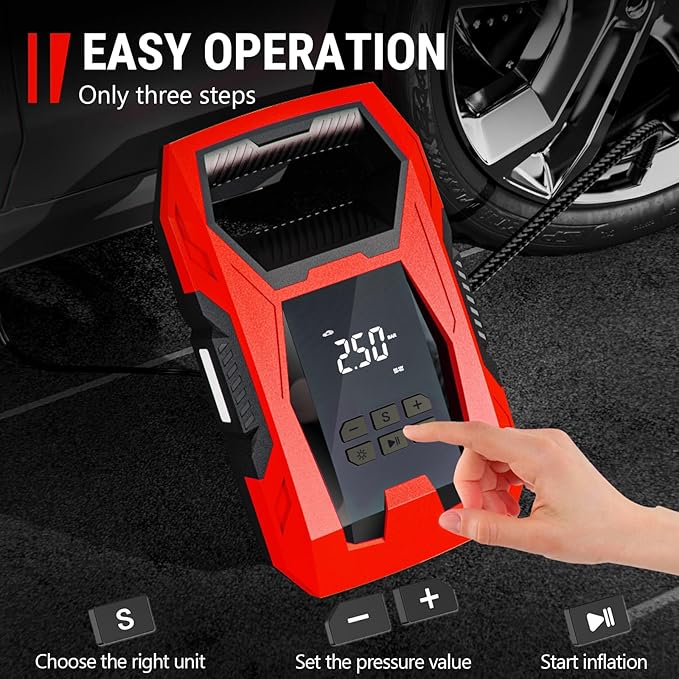 AC/DC Tire Inflator Portable Air Compressor, Dual Power for Home 110V AC and Car 12V DC Air Pump with Pressure Gauge, Auto Shutoff, Tire Pump for Car Motorcycle Bike and Other Inflatables, Red
