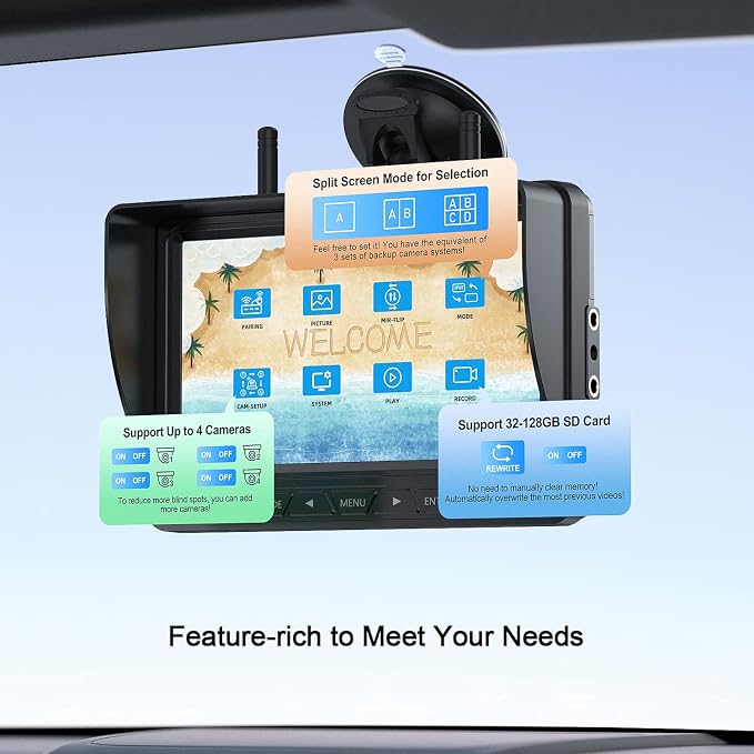 HD Wireless RV Backup Cameras System, 7" Split-Screen Monitor, 1 Rear View + 2 Side Cameras, IR Night Vision Recording Waterproof Compatible with Furrion Pre-Wired RV Truck Trailer - DW7Y503