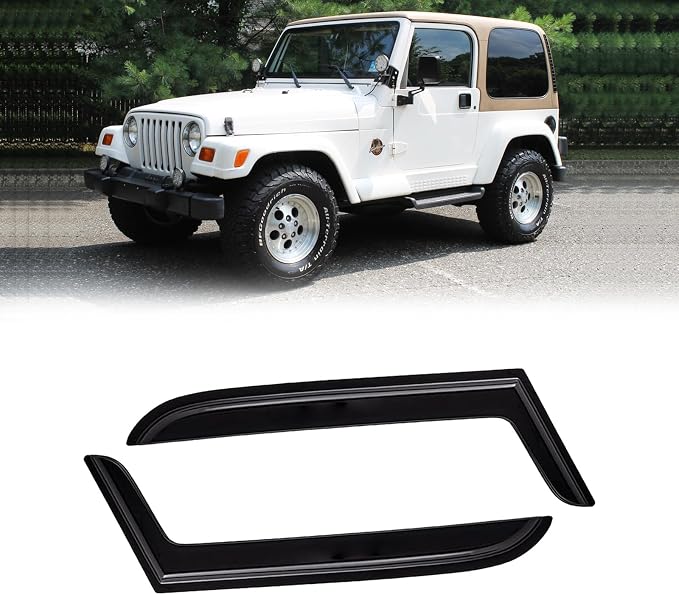 Window Visor for 1997-2006 Jeep Wrangler (TJ) 2-Door, Out-Channel Rain Guards Shields Vent Deflector Shade Wind Dark Smoke, Tape-On Outside-Mount, 2PCS
