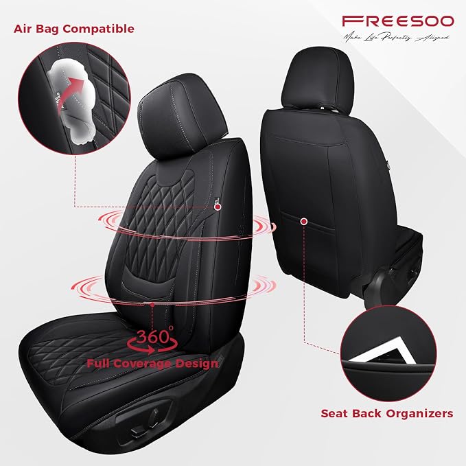 Car Seat Covers Front Seats - Luxury Breathable Waterproof Faux Leather Car Seat Cover Protectors with Lumbar Support, Universal Fit for Most 5 Seats Vehicles Sedans Hatchbacks Pick-ups, Black