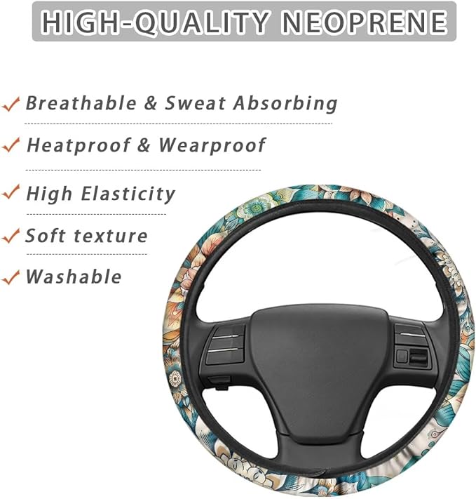 Boho Mandala Flower Pattern Sports Style Car Steering Wheel Cover Vehicle Wheel Protector Auto Wheel Cover Steering Wheels Accessories Universal Fit Car Truck Van SUV