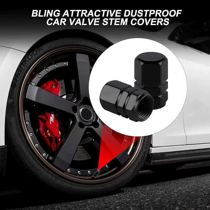 Aluminum Tire Stem Valve Caps Wheel Valve Covers Car Dustproof Tire Cap Cover Accessories, Universal for SUV, Car, Bike and Motorcycle, Hexagon Shape (4PCS Black)