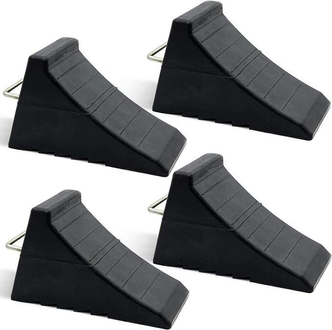 AFA Tooling - Heavy Duty Rubber Wheel Chocks w/Steel Tie Off Handles - RV Wheel Chock for Front & Back Tires - Quick Grip Ribbed Design - Great for Your Camper, Trailer, RV, Truck, Car or ATV - 4 Pack