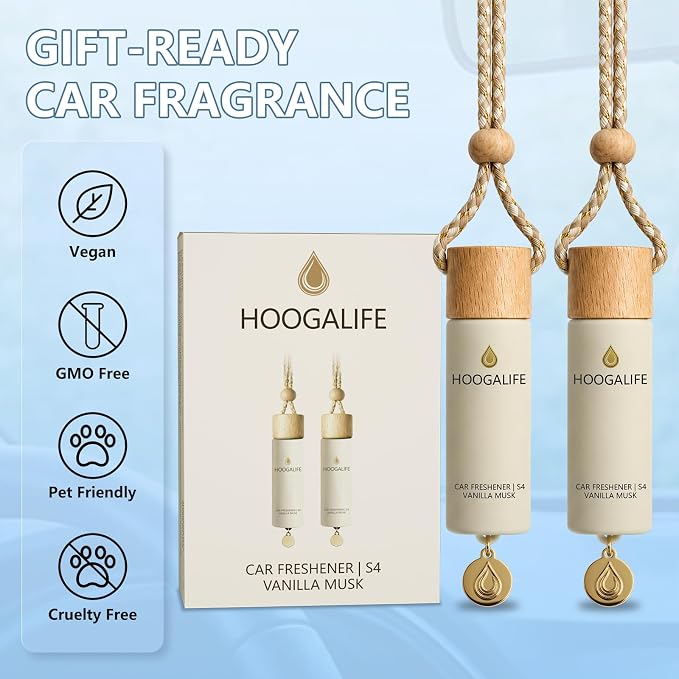 Car Air Freshener 2 Pack, Vanilla Musk Hanging Diffuser, 45+ Days Long Lasting Scent, Refillable Bottle, Odor Control for Auto Interior, Made in USA
