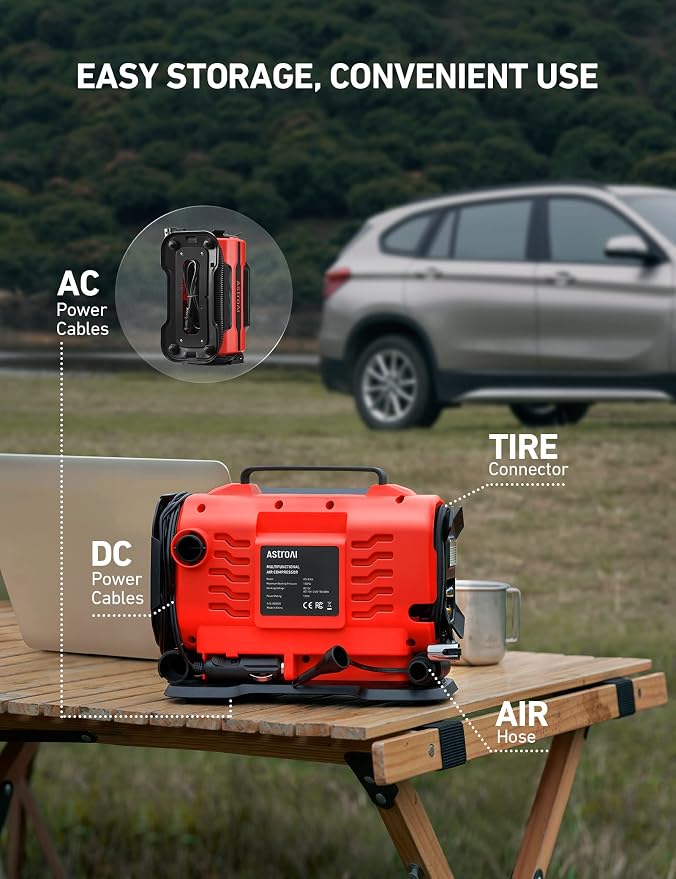 Tire Inflator Portable Air Compressor Pump 150PSI 12V DC/110V AC with Dual Metal Motors&LED Light, Automotive Car Accessories&Two Modes for Car, Bicycle Tires and Air Mattresses, Red