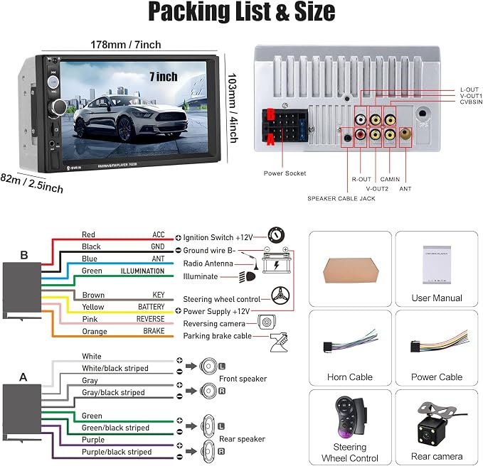 7" Double Din Car Stereo Audio Bluetooth MP5 Player USB FM Multimedia Radio+ 4 LED Mini Backup Camera with Steering Wheel Remote Support Mobile Phone Synchronization (Used in Android/iOS)