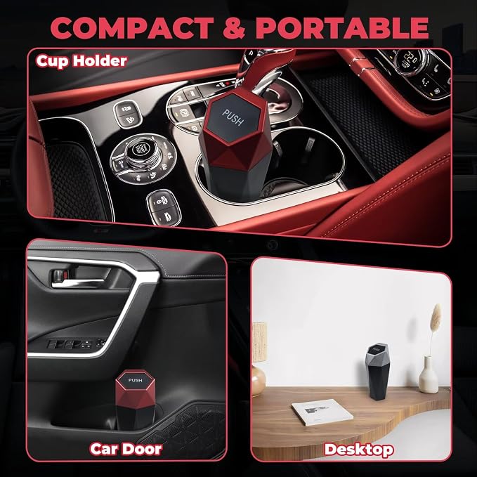 Car Trash Can, Car Trash Bin with Lid, Car Accessories for Women Interior, Car Garbage Can with Additional 2 ABS Hooks and 60pcs Trash Bags, Suitable for Home, Office, Car Organizer, Black