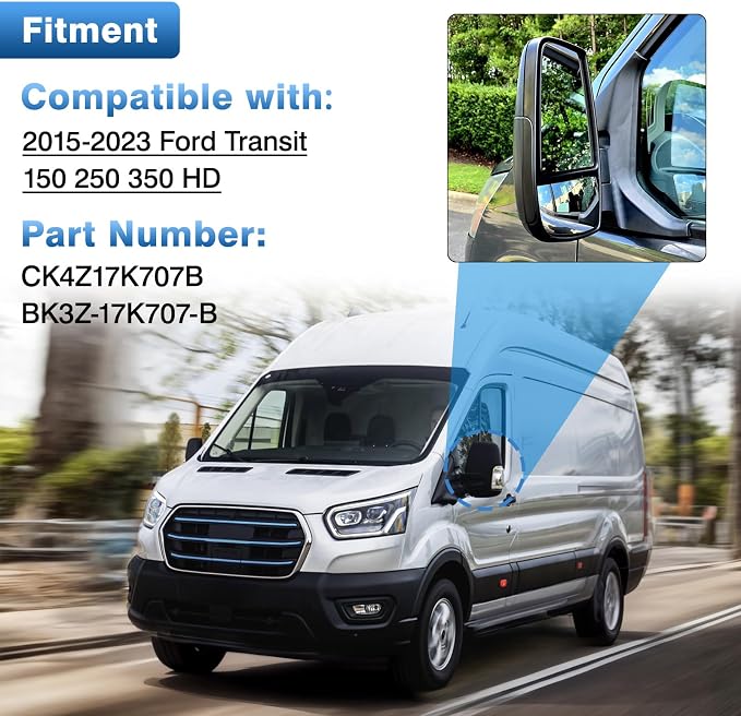 Driver Left Side Upper & Lower Rearview Convex Heated Mirror Glass Replacement With Rear Holder fit Ford Transit 150 250 350 from 2015 to 2023