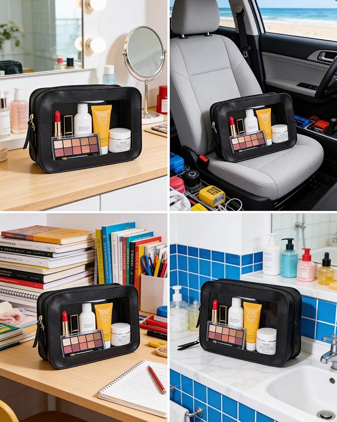 2Pack Clear Makeup Bags, Portable Clear Makeup Brushes Bag Case Travel Car Accessories Essentials,Slim Makeup Pouch for Purse for Women (2Pack-Black Set)