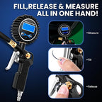 Digital Tire Gauge with Inflator & Deflator - LED Display & 0.1 PSI Resolution - Quick Release Valve & Heavy Duty Chuck - w/Adapter for Car, Truck, SUV, Motorcycle, RV, Balls