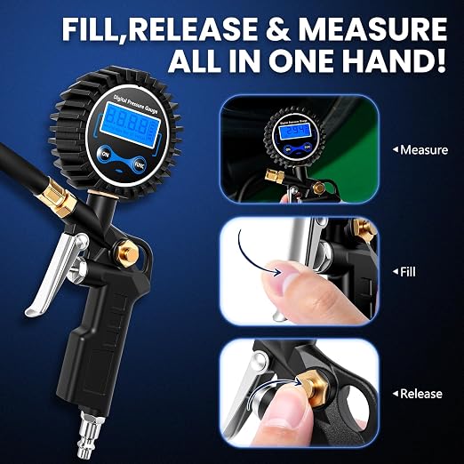 Digital Tire Gauge with Inflator & Deflator - LED Display & 0.1 PSI Resolution - Quick Release Valve & Heavy Duty Chuck - w/Adapter for Car, Truck, SUV, Motorcycle, RV, Balls