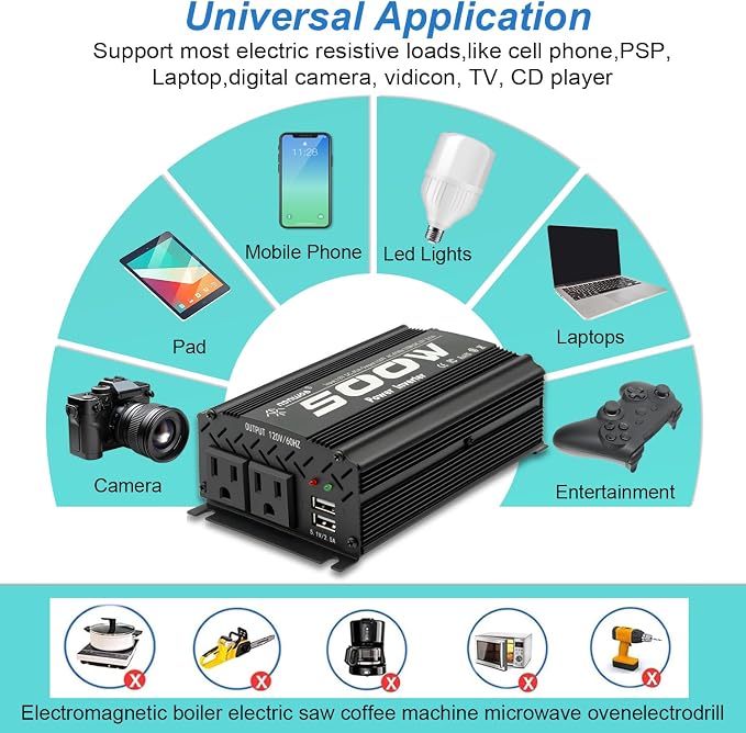 500 watt Power Inverter for Vehicles,Small car,12 Volt to 110/120 Volt for car Cigarette Lighter RV semi Truck Vehicle Inverter with 2 AC Outlets 2USB Ports-500W (500W)