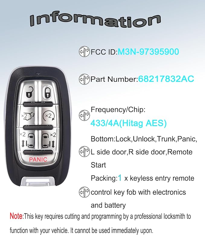 Keyless Entry Remote Control Smart Key Fob for Chrysler Pacifica 2017-2024 | YIKEBALOG 7-Buttons Proximity Key Fob Replacement for Chrysler Voyager 2020-2024 M3N-97395900 68217832AC