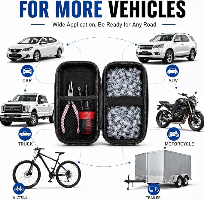 Roadside Emergency Tire Repair kit - 60pcs Tire Repair Screws, Easy Screw in Tire Plugs for Car Bycicle, No-Removal Rubber Tire Plug Screws Kit for Tubeless - Screwdriver, Pliers & Storage Case