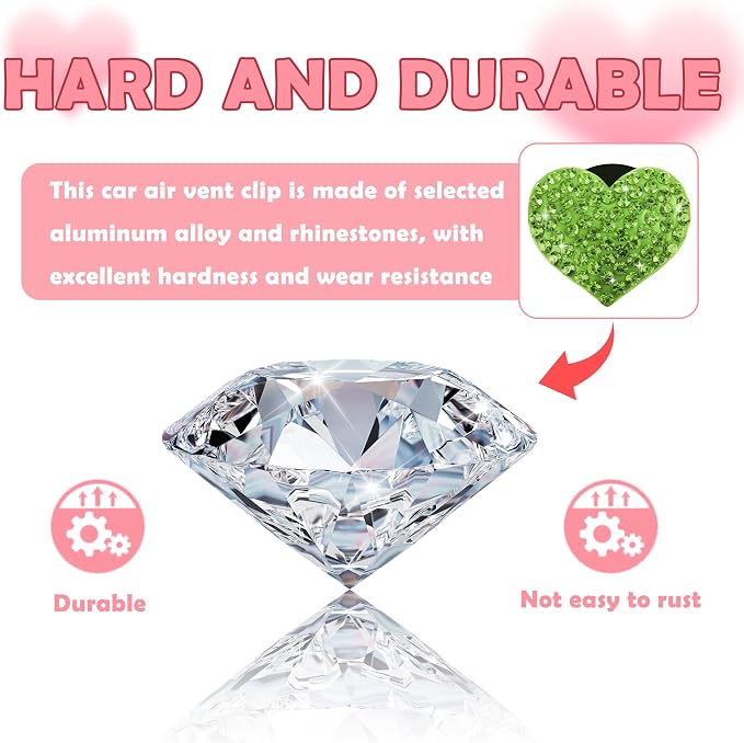 4PCS Heart-Shaped Car Vent Clips with Rhinestone,Bling Air Vent Clips Car Decorations,Premium Shiny Car Clips for Vents Accessories Interior (Green)