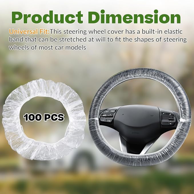 100Pcs Disposable Car Steering Wheel Covers, Universal Plastic Steering Wheel Protector with Elastic, Automotive Interior Protection Accessories for Most Vehicle Models