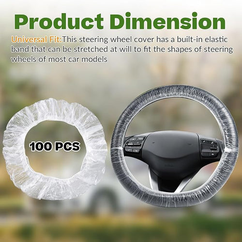 100Pcs Disposable Car Steering Wheel Covers, Universal Plastic Steering Wheel Protector with Elastic, Automotive Interior Protection Accessories for Most Vehicle Models