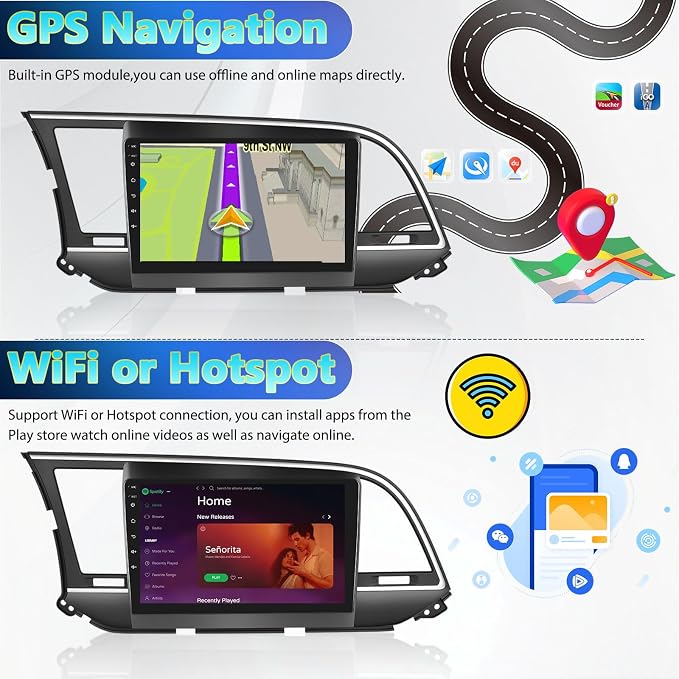 [2+64G] Android 15 Car Radio Stereo for Hyundai Elantra 2016-2018, 9 Inch Touch Screen IPS Car Radio with Wireless Carplay&Android Auto,GPS,WiFi,Bluetooth,FM/RDS,SWC, AUX-in,EQ,WiFi+Free Backup Camera