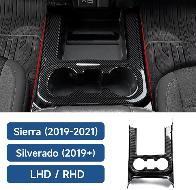 Car Sticker Center Console Front Cup Holder ABS Carbon Fiber Decal Interior Trim Cover for 2019-2025 Chevy Silverado | for 2019-2021 GMC Sierra 1500 2500 3500 HD Accessories