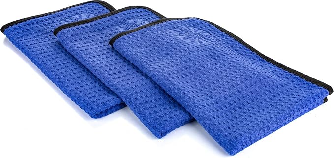 Dry Me A River, Professional Korean 70/30 Blend Microfiber Waffle-Weave Drying & Detailing Towels, Soft Suede Edges, 390 GSM, 16x24 Inches, Royal Blue, 3-Pack