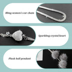 Bling Diamond Heart Car Interior Accessories, Mirror Hanging Ornament for Women, Love Heart & Pink Plush Ball Decor Ornament Pendant, Hanging Decoration Charm (Grey)