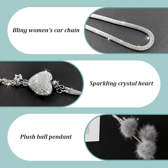 Bling Diamond Heart Car Interior Accessories, Mirror Hanging Ornament for Women, Love Heart & Pink Plush Ball Decor Ornament Pendant, Hanging Decoration Charm (Grey)