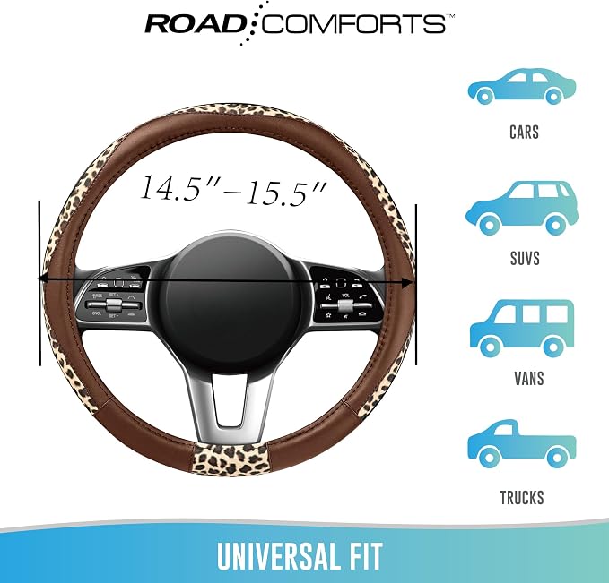 Steering Wheel Cover - Made with PVC Leather and Leopard Fabric - Universal 14 1/2 inches to 15 inches for Most Automotive Steering Wheel - Cheetah Print - Brown