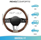 Steering Wheel Cover - Made with PVC Leather and Leopard Fabric - Universal 14 1/2 inches to 15 inches for Most Automotive Steering Wheel - Cheetah Print - Brown