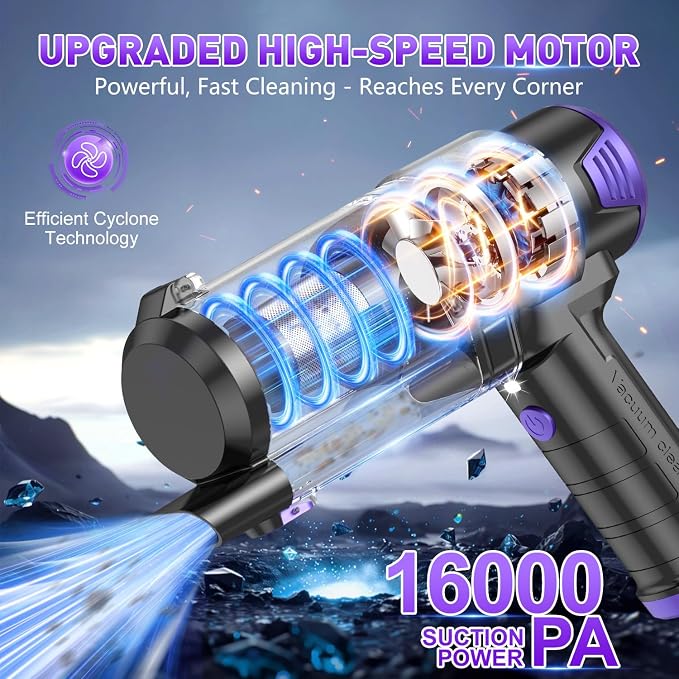 Handheld Car Vacuum Cleaner, 16000PA Air Duster & Vacuum Cleaner, 120W High Power Hand Held Vacuum Cordless, Portable Vacuum Rechargeable with Multi-Nozzles & LED Light for Car, Home, Pet, Office