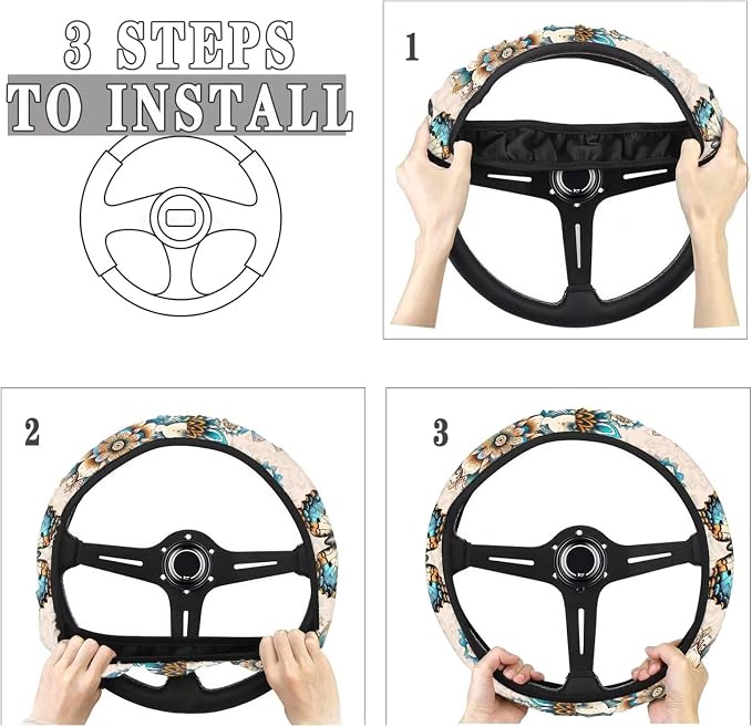 Steering Wheel Cover Boho Mandala Flower Butterfly Pattern Anti-Slip Car Wheel Protector Perfectly fit for 15 inches Car Accessories Universal Fit Car SUV Van Truck