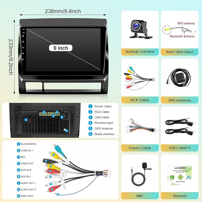 Car Radio for Toyota Tacoma 2005-2015 Stereo Replacement with Wireless Carplay Android Auto, 9'' Touchscreen Buit-in Bluetooth GPS Navigation WiFi Backup Camera Mic 2+32G