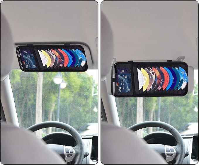 Car CD Case Holder, Vehicle Sun Visor Organizer for Cars with 12 DVD Storage Sleeves, 1 Mesh Pocket, 1 Pen Holder and Elastic Strap, Black