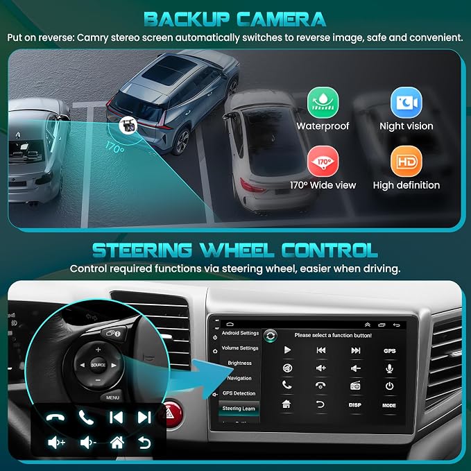 Car Radio Stereo for Honda Civic 2012 2013 2014 2015 | 4G+64G Android,with Wireless Carpaly & Android Auto,9 Inch Touch Screen, GPS Navigation,Bluetooth 5.2,FM Radio,Backup Camera