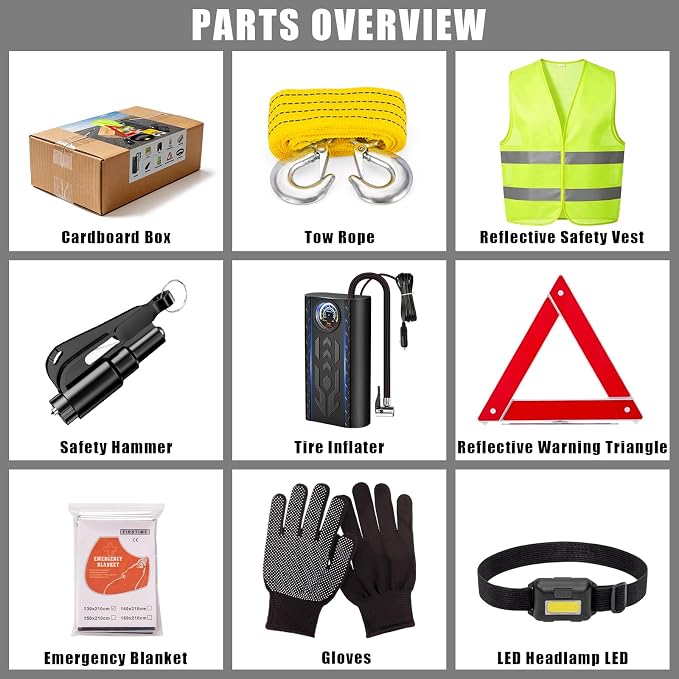 Car Roadside Emergency Kit for Vehicles, Portable Air Compressor Tire Inflator Auto Car Safety Kits Teen Driver Must Haves Black