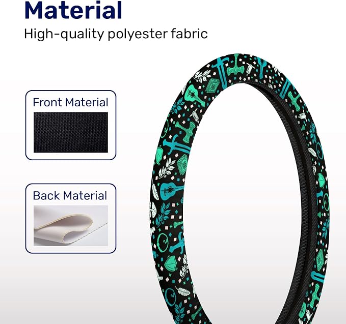 Teal Fantasy Symbol Steering Wheel Cover, Polyester Non-Slip Car Wheel Grip, Universal 15 Inch Auto Accessory