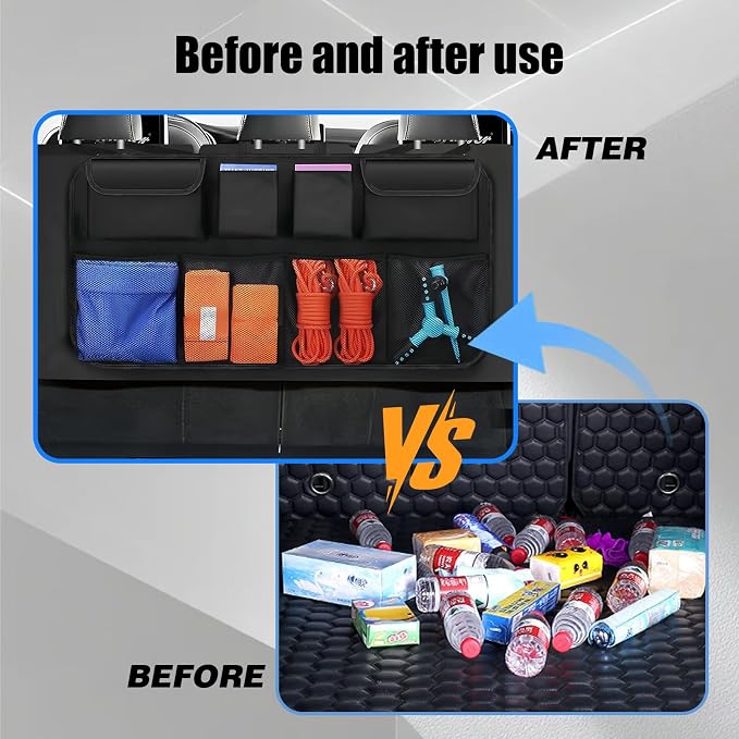 Car Trunk Organizer, Backseat Hanging Trunk Organizers and Storage, Waterproof Collapsible Cargo Storage Bag with 4 Pockets & 4 Mesh Pouches, Car Interior Accessories for SUV, Truck (Black)