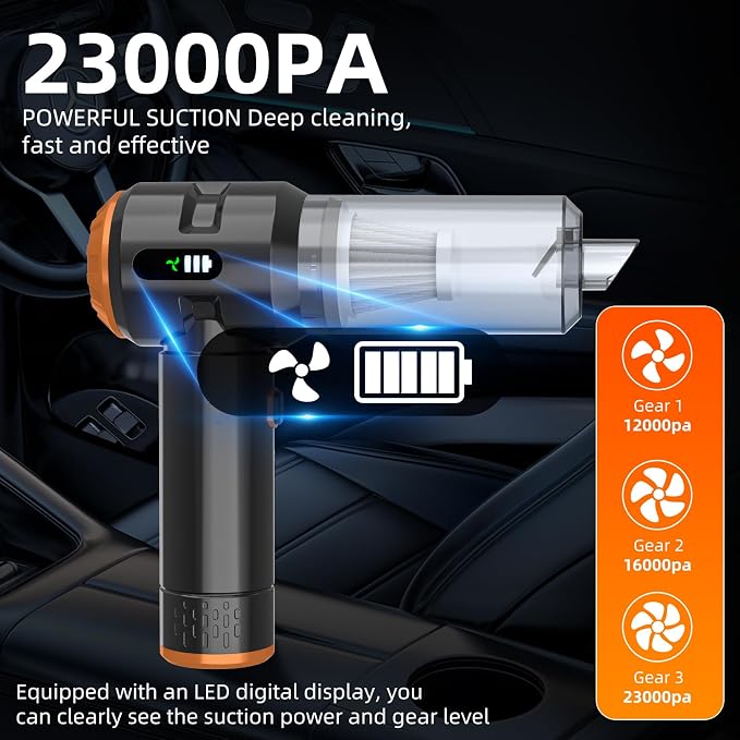 Handheld Vacuum Cleaner Cordless, 23000Pa Powerful Car Mini Vacuum Cleaner, Rechargeable Portable Lightweight dust Catcher for Home Car Carpet Stairs Pet Hair Deep Cleaning（Black-Orange）